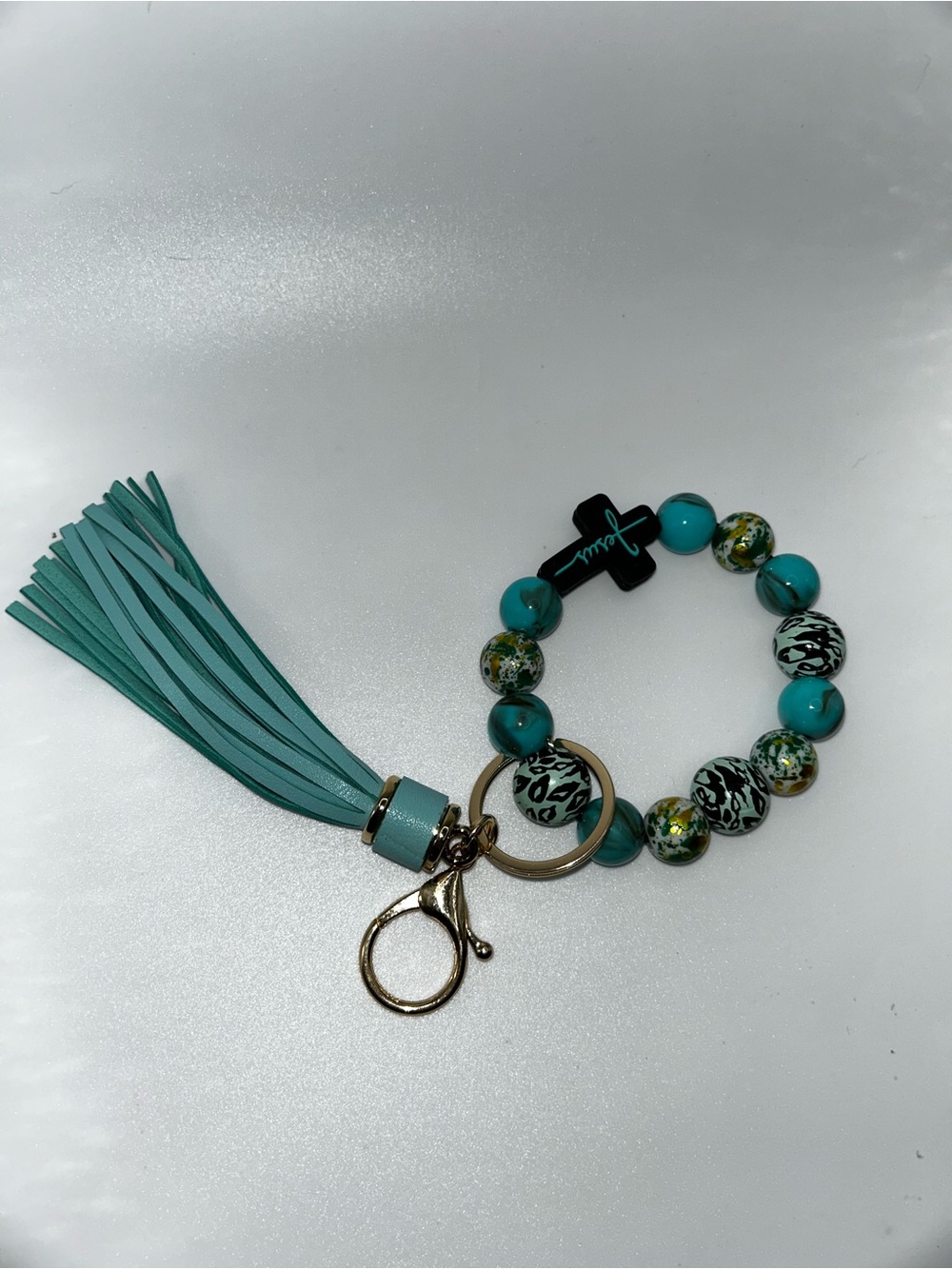Turquoise Bead and Tassel Keyring Bracelet with Cross Charm
